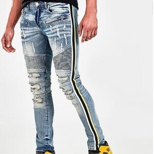 Mens Distressed Biker Jeans Street Fashion Denim Faded Slim Fit Blue Stripes